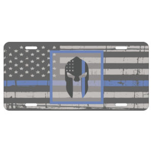 Distressed Thin Blue Line flag and the Spartan on Aluminum License Plate Design
