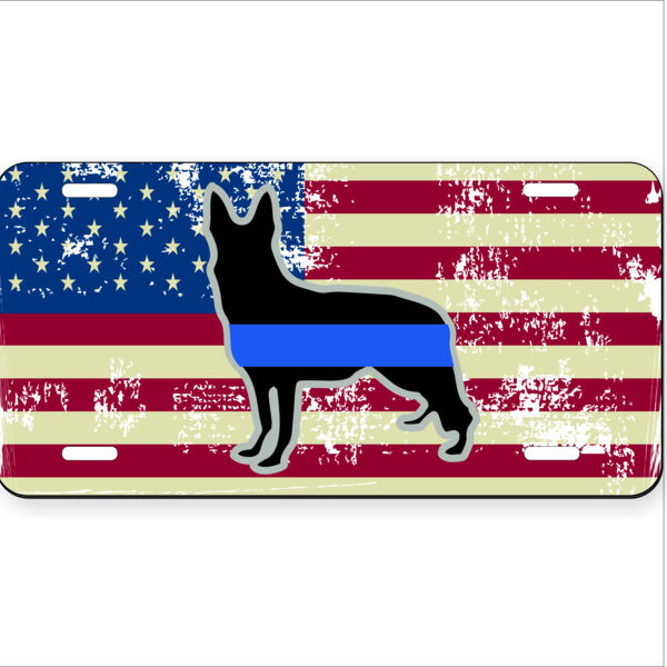 Distressed American Flag with K9 Blue Line Sheppard dog License Plate  Thumbnail