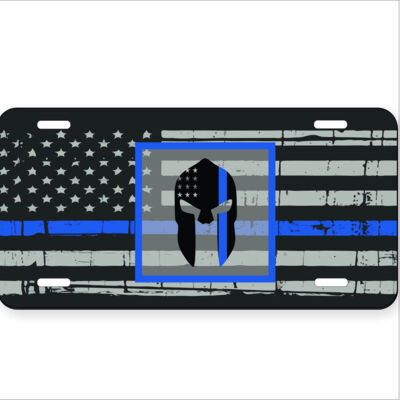 Distressed Thin Blue Line flag and the Spartan on Aluminum License Plate Thumbnail