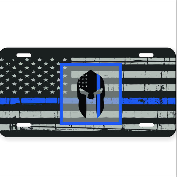 Distressed Thin Blue Line flag and the Spartan on Aluminum License Plate Thumbnail