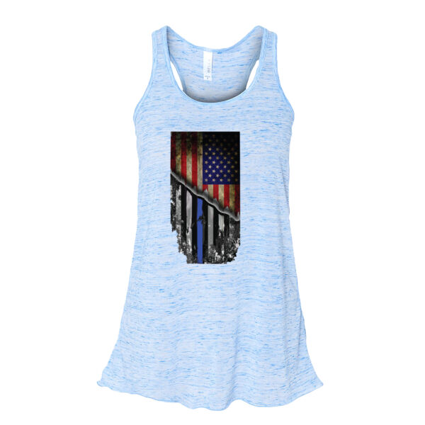 Women’s Flowy Racerback Tank with USA-Thin Blue Line Flag Thumbnail