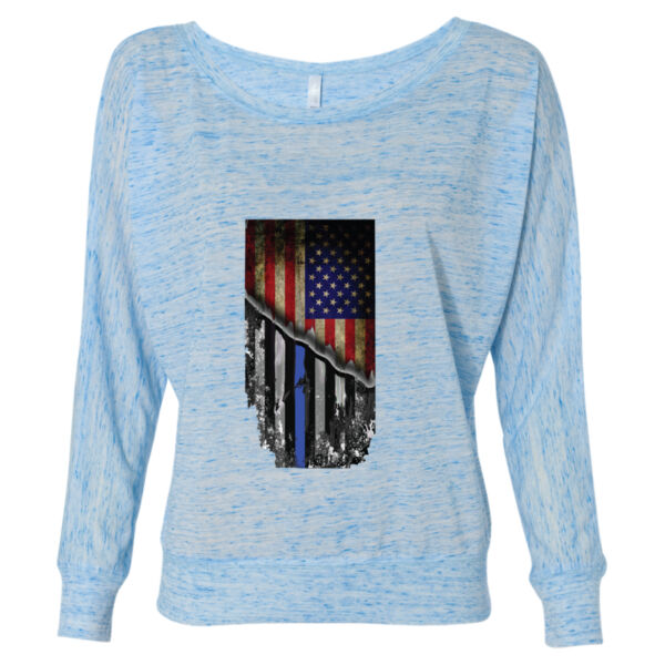 Women’s Flowy Long Sleeve Tee with USA-Blue Line Flag Thumbnail