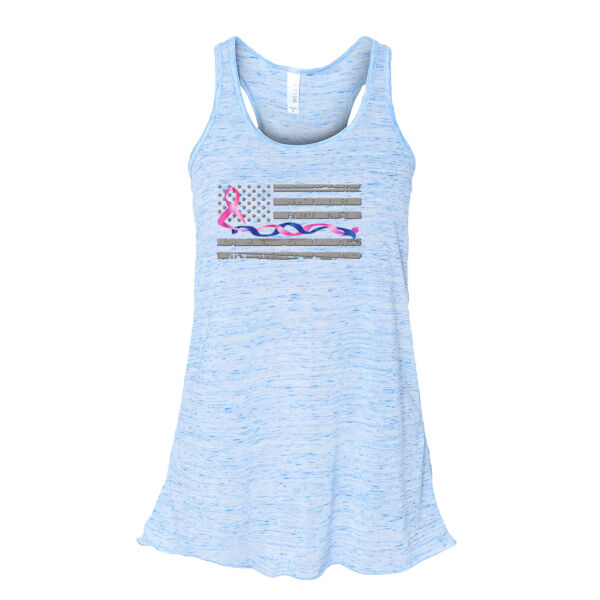 Women’s Racerback Tank with Thin Blue Line Flag and Pink Twisted Ribbon Thumbnail