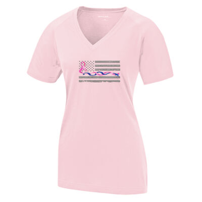 Women’s Soft Feel Thin Blue Line Flag with Pink Twisted Ribbon V-neck T-shirt Thumbnail