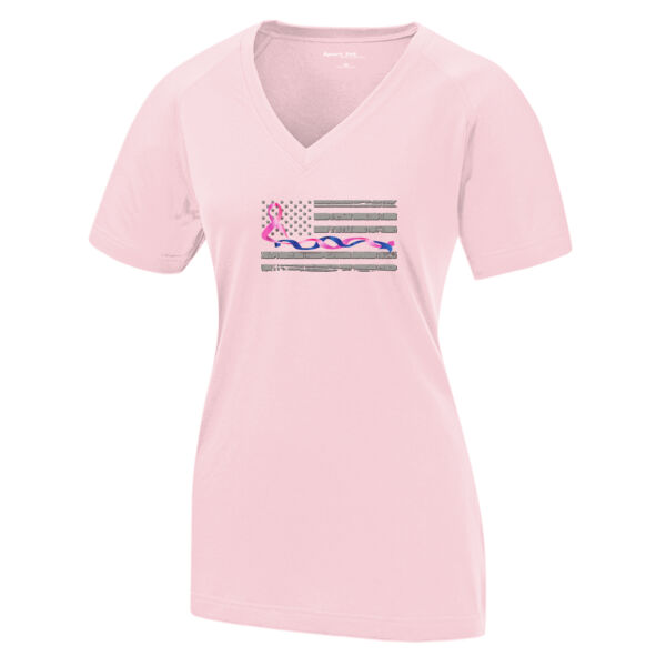 Women’s Soft Feel Thin Blue Line Flag with Pink Twisted Ribbon V-neck T-shirt Thumbnail
