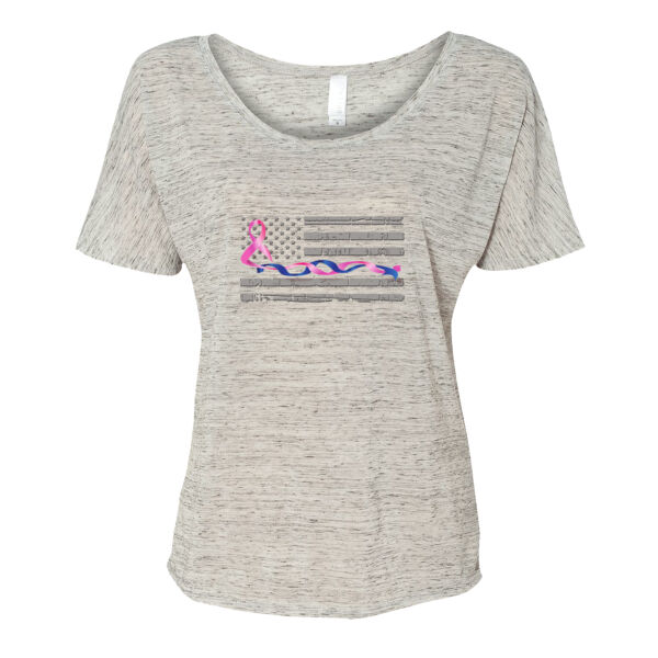 Ladies Slouchy T-shirt with Blue Line and Pink Ribbon Flag Thumbnail