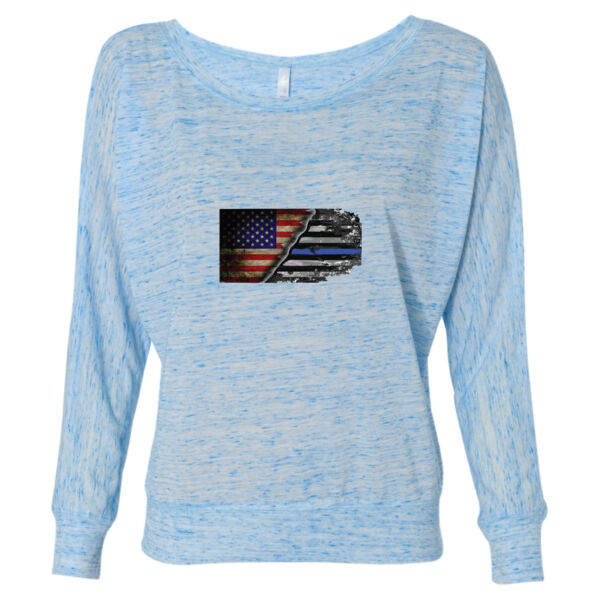 Ladies Long Sleeve Slouchy T-shirt with USA-Blue Line Flag Thumbnail