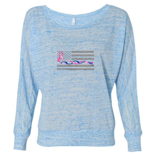 Ladies Long Sleeve Slouchy T-shirt with Blue Line and Pink Ribbon Flag Thumbnail