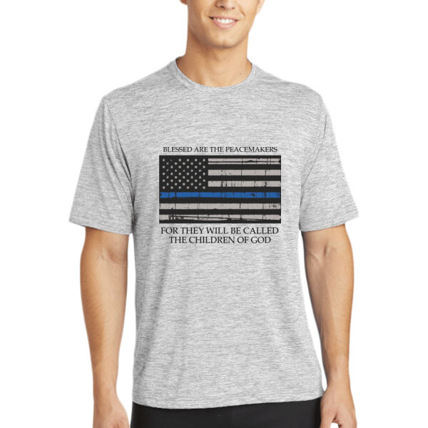 Men's Blessed Peacemakers with Distressed Blue Line Flag on Heather T-Shirt Thumbnail
