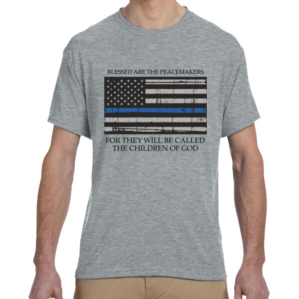 Men's Blessed Peacemakers with Distressed Blue Line Flag Soft T-Shirt Thumbnail