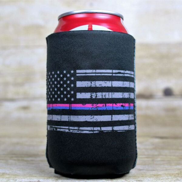 Can Cooler with Distressed Flag with Blue Pink Stripe Thumbnail