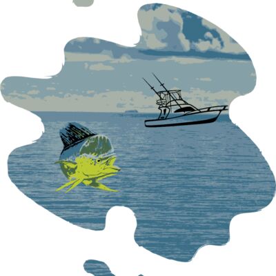 Mahi Mahi With Boat and Ocean Thumbnail